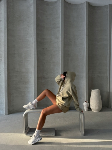 SWT-14263 Haki Çift Kordonlu Kapüşonlu Üç İplik Şardonlu Sweatshirt - 5