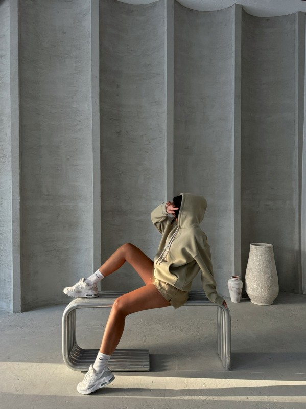 SWT-14263 Haki Çift Kordonlu Kapüşonlu Üç İplik Şardonlu Sweatshirt - 5