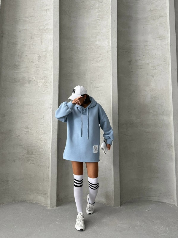 SWT-14264 Bebe Mavi Etiket Detaylı Kapüşonlu Üç İplik Şardonlu Salaş Sweatshirt - 3