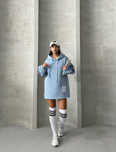 SWT-14264 Bebe Mavi Etiket Detaylı Kapüşonlu Üç İplik Şardonlu Salaş Sweatshirt - 5