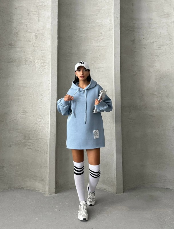 SWT-14264 Bebe Mavi Etiket Detaylı Kapüşonlu Üç İplik Şardonlu Salaş Sweatshirt - 5
