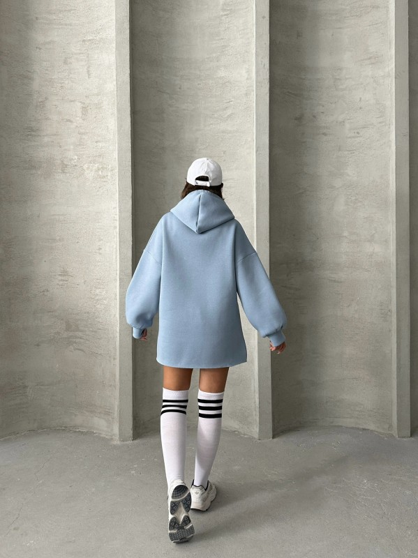 SWT-14264 Bebe Mavi Etiket Detaylı Kapüşonlu Üç İplik Şardonlu Salaş Sweatshirt - 8