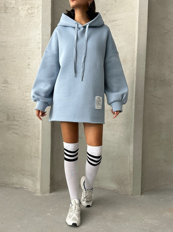 SWT-14264 Bebe Mavi Etiket Detaylı Kapüşonlu Üç İplik Şardonlu Salaş Sweatshirt - 7