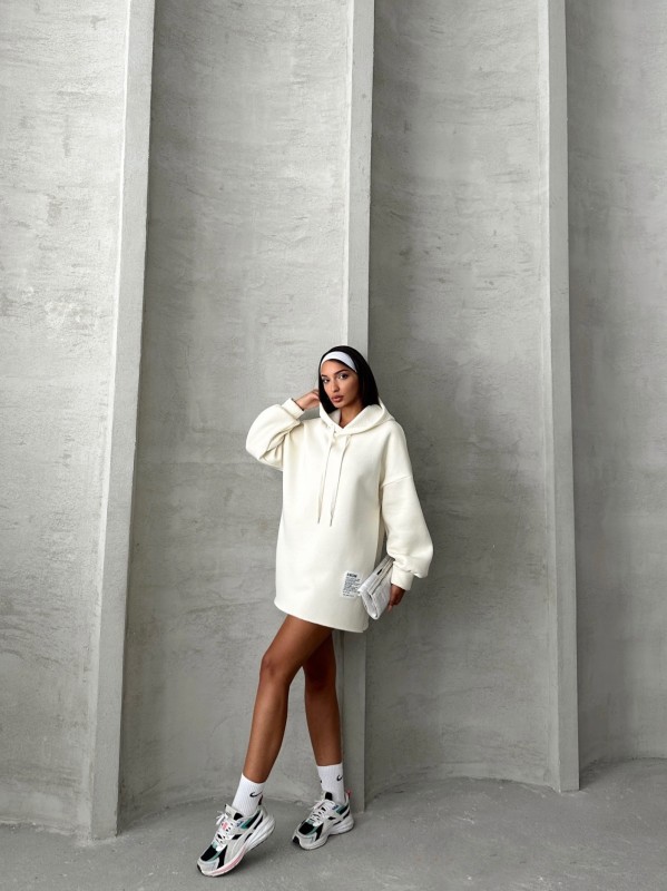 SWT-14264 Beyaz Etiket Detaylı Kapüşonlu Üç İplik Şardonlu Salaş Sweatshirt - 1