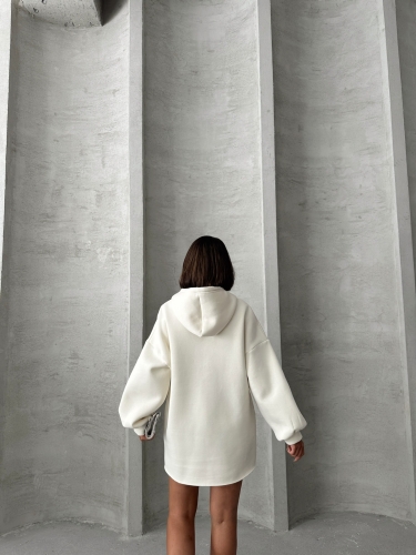 SWT-14264 Beyaz Etiket Detaylı Kapüşonlu Üç İplik Şardonlu Salaş Sweatshirt - 8