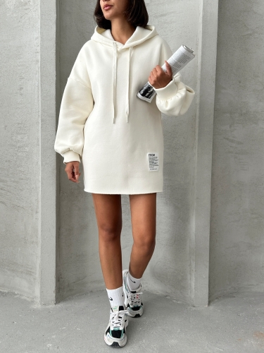 SWT-14264 Beyaz Etiket Detaylı Kapüşonlu Üç İplik Şardonlu Salaş Sweatshirt - 5