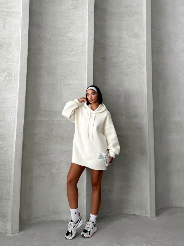 SWT-14264 Beyaz Etiket Detaylı Kapüşonlu Üç İplik Şardonlu Salaş Sweatshirt - 6