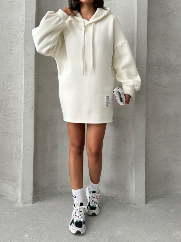 SWT-14264 Beyaz Etiket Detaylı Kapüşonlu Üç İplik Şardonlu Salaş Sweatshirt - 7
