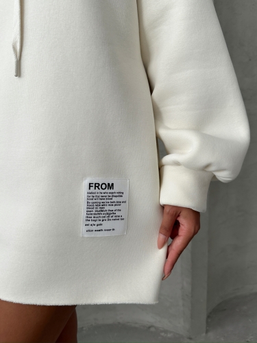 SWT-14264 Beyaz Etiket Detaylı Kapüşonlu Üç İplik Şardonlu Salaş Sweatshirt - 3