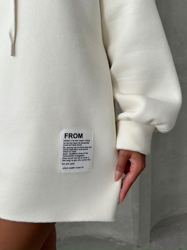 SWT-14264 Beyaz Etiket Detaylı Kapüşonlu Üç İplik Şardonlu Salaş Sweatshirt - 3