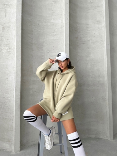 SWT-14264 Haki Etiket Detaylı Kapüşonlu Üç İplik Şardonlu Salaş Sweatshirt 
