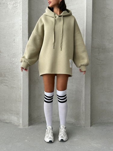 SWT-14264 Haki Etiket Detaylı Kapüşonlu Üç İplik Şardonlu Salaş Sweatshirt - 3