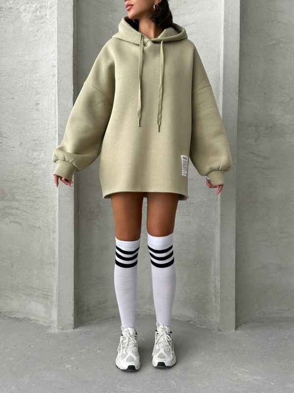 SWT-14264 Haki Etiket Detaylı Kapüşonlu Üç İplik Şardonlu Salaş Sweatshirt - 3