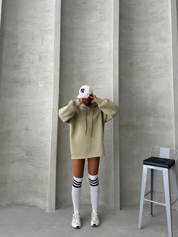 SWT-14264 Haki Etiket Detaylı Kapüşonlu Üç İplik Şardonlu Salaş Sweatshirt - 4
