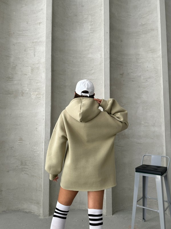 SWT-14264 Haki Etiket Detaylı Kapüşonlu Üç İplik Şardonlu Salaş Sweatshirt - 5