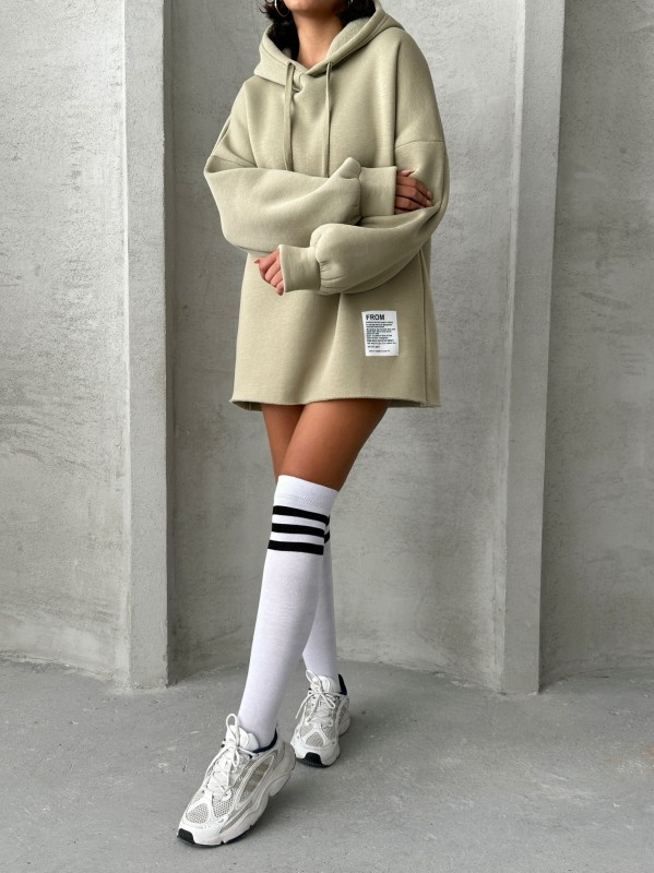 SWT-14264 Haki Etiket Detaylı Kapüşonlu Üç İplik Şardonlu Salaş Sweatshirt - 6