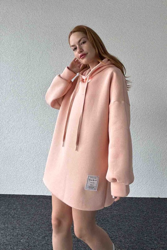 SWT-14264 Pudra Etiket Detaylı Kapüşonlu Üç İplik Şardonlu Salaş Sweatshirt - 1