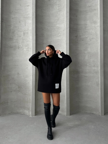 SWT-14264 Siyah Etiket Detaylı Kapüşonlu Üç İplik Şardonlu Salaş Sweatshirt 