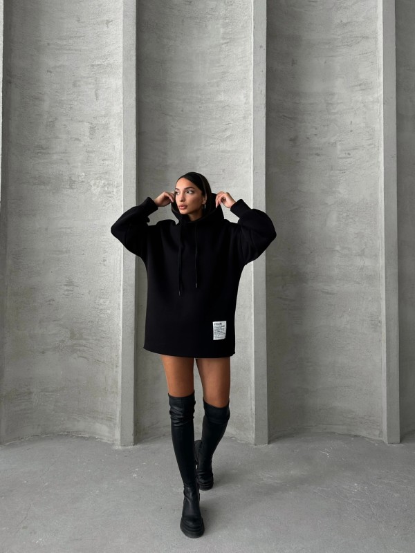 SWT-14264 Siyah Etiket Detaylı Kapüşonlu Üç İplik Şardonlu Salaş Sweatshirt - 1