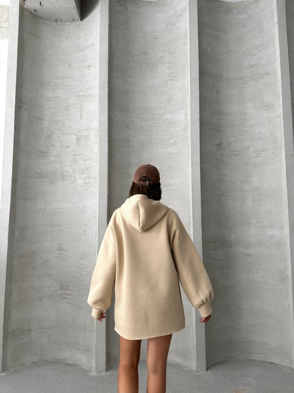 SWT-14264 Vizon Etiket Detaylı Kapüşonlu Üç İplik Şardonlu Salaş Sweatshirt - 6