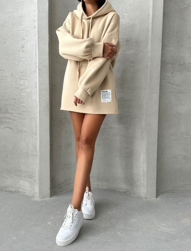 SWT-14264 Vizon Etiket Detaylı Kapüşonlu Üç İplik Şardonlu Salaş Sweatshirt - 5