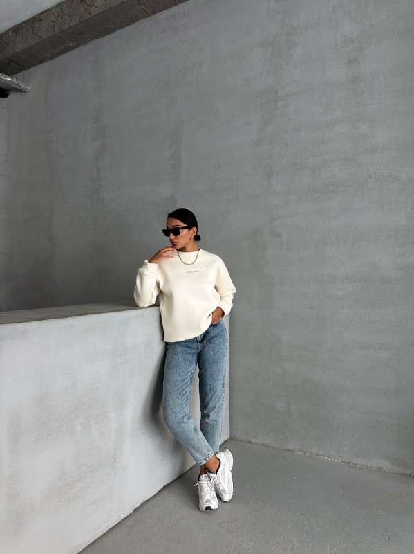 SWT-14265 Ekru Bring Some Kabartma Yazı Baskılı Üç İplik Şardonlu Sweatshirt - 3