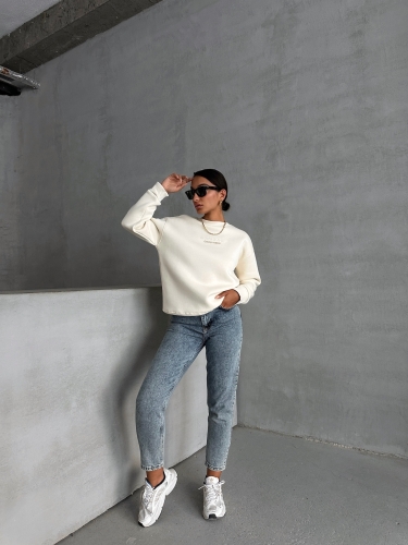 SWT-14265 Ekru Bring Some Kabartma Yazı Baskılı Üç İplik Şardonlu Sweatshirt - 5