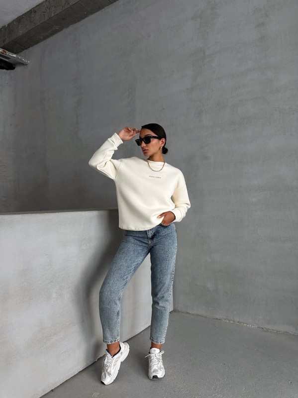 SWT-14265 Ekru Bring Some Kabartma Yazı Baskılı Üç İplik Şardonlu Sweatshirt - 5