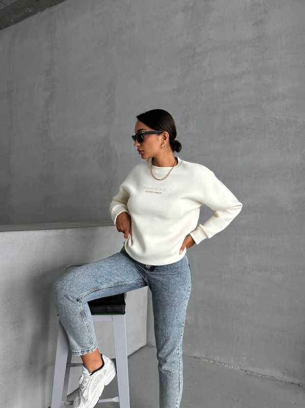 SWT-14265 Ekru Bring Some Kabartma Yazı Baskılı Üç İplik Şardonlu Sweatshirt - 1
