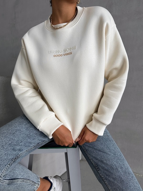 SWT-14265 Ekru Bring Some Kabartma Yazı Baskılı Üç İplik Şardonlu Sweatshirt - 2