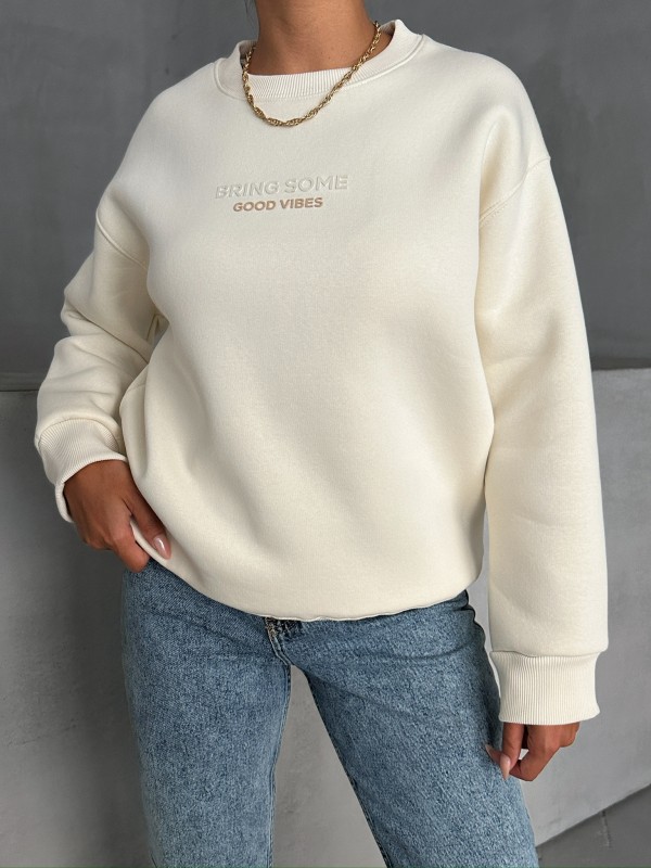SWT-14265 Ekru Bring Some Kabartma Yazı Baskılı Üç İplik Şardonlu Sweatshirt - 4
