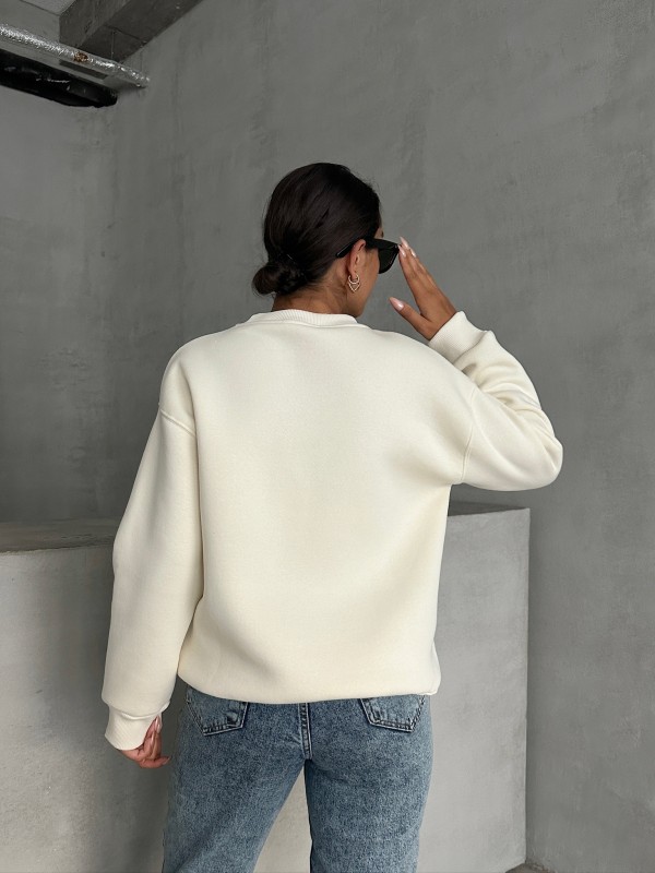 SWT-14265 Ekru Bring Some Kabartma Yazı Baskılı Üç İplik Şardonlu Sweatshirt - 6