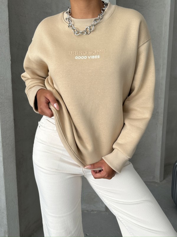 SWT-14265 Vizon Bring Some Kabartma Yazı Baskılı Üç İplik Şardonlu Sweatshirt - 2