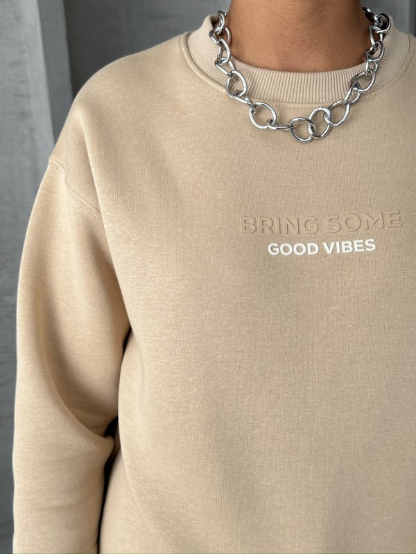 SWT-14265 Vizon Bring Some Kabartma Yazı Baskılı Üç İplik Şardonlu Sweatshirt - 3