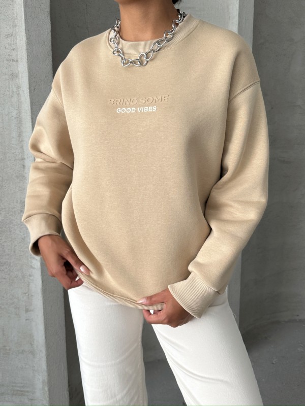 SWT-14265 Vizon Bring Some Kabartma Yazı Baskılı Üç İplik Şardonlu Sweatshirt - 6
