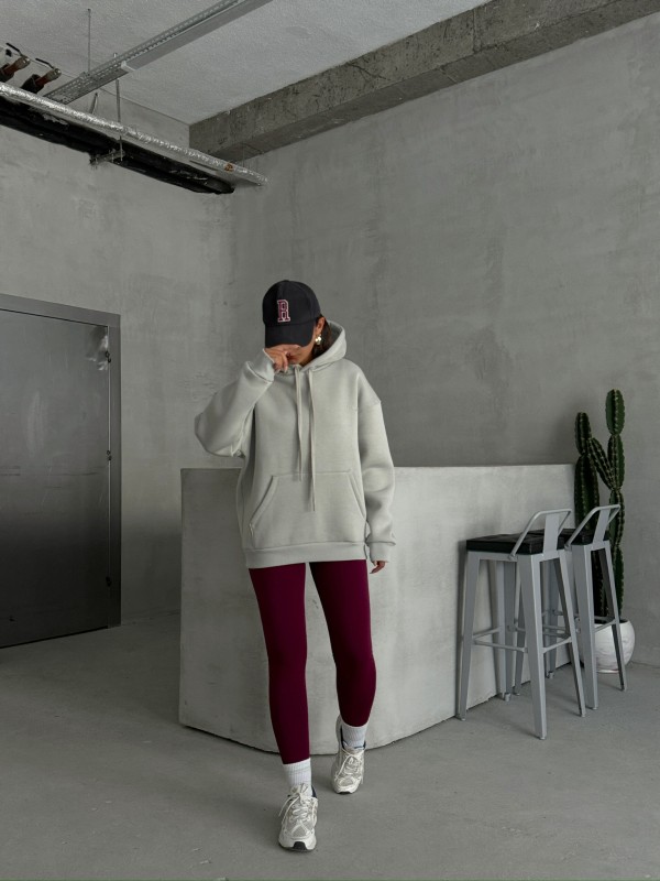 SWT-14266 Boyama Gri Pure White Yazı Baskılı Kapüşonlu Üç İplik Şardonlu Sweatshirt - 3