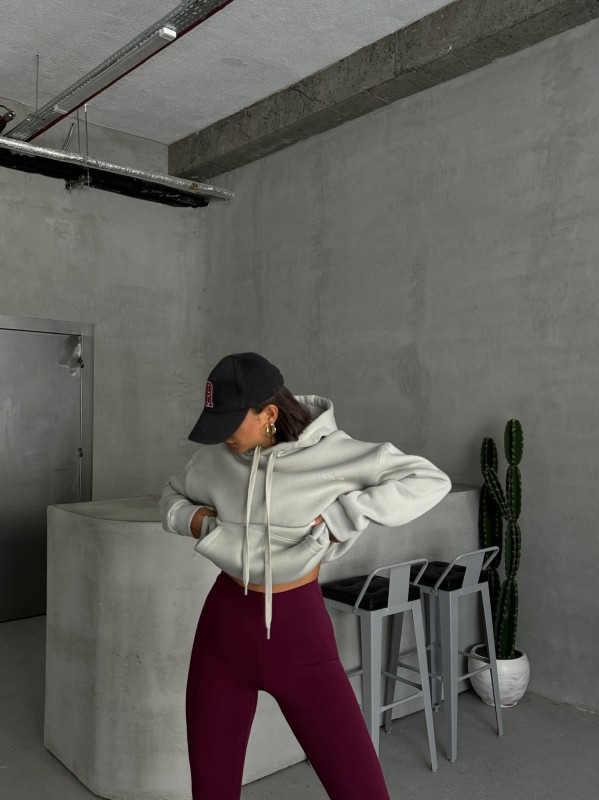 SWT-14266 Boyama Gri Pure White Yazı Baskılı Kapüşonlu Üç İplik Şardonlu Sweatshirt - 6