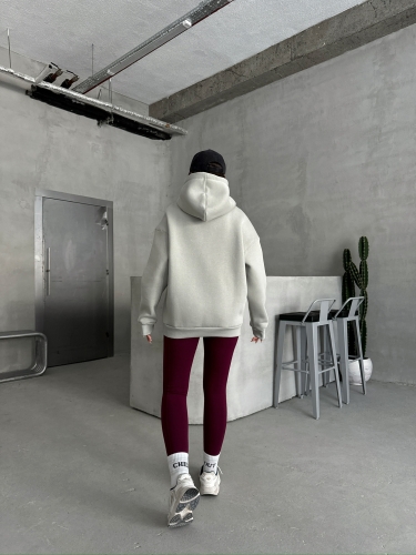 SWT-14266 Boyama Gri Pure White Yazı Baskılı Kapüşonlu Üç İplik Şardonlu Sweatshirt - 7