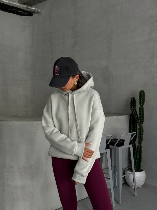 SWT-14266 Boyama Gri Pure White Yazı Baskılı Kapüşonlu Üç İplik Şardonlu Sweatshirt - 1