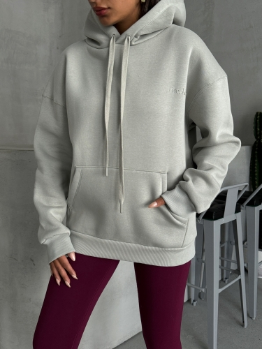 SWT-14266 Boyama Gri Pure White Yazı Baskılı Kapüşonlu Üç İplik Şardonlu Sweatshirt - 2
