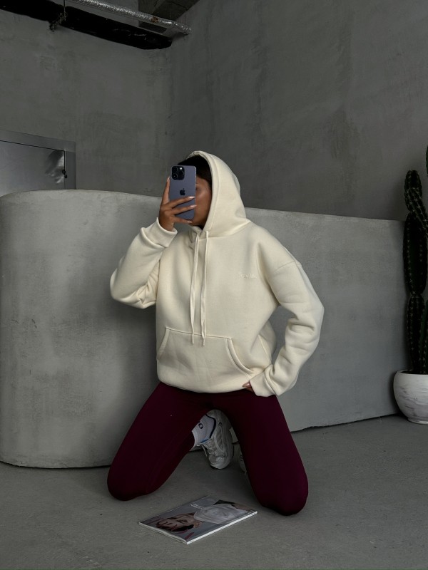 SWT-14266 Ekru Pure White Yazı Baskılı Kapüşonlu Üç İplik Şardonlu Sweatshirt - 1
