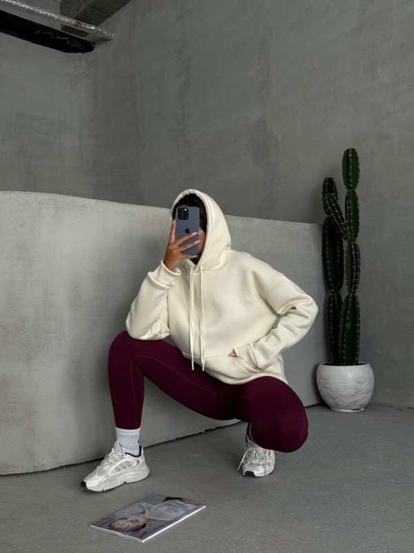 SWT-14266 Ekru Pure White Yazı Baskılı Kapüşonlu Üç İplik Şardonlu Sweatshirt - 4