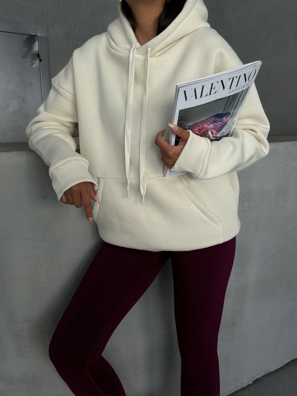 SWT-14266 Ekru Pure White Yazı Baskılı Kapüşonlu Üç İplik Şardonlu Sweatshirt - 5