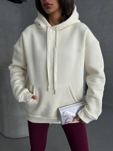SWT-14266 Ekru Pure White Yazı Baskılı Kapüşonlu Üç İplik Şardonlu Sweatshirt - 2