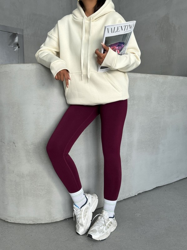 SWT-14266 Ekru Pure White Yazı Baskılı Kapüşonlu Üç İplik Şardonlu Sweatshirt - 6