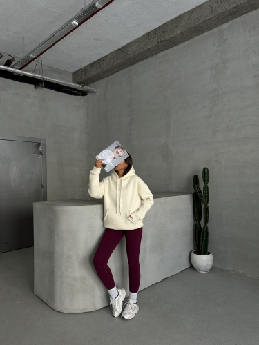 SWT-14266 Ekru Pure White Yazı Baskılı Kapüşonlu Üç İplik Şardonlu Sweatshirt - 7