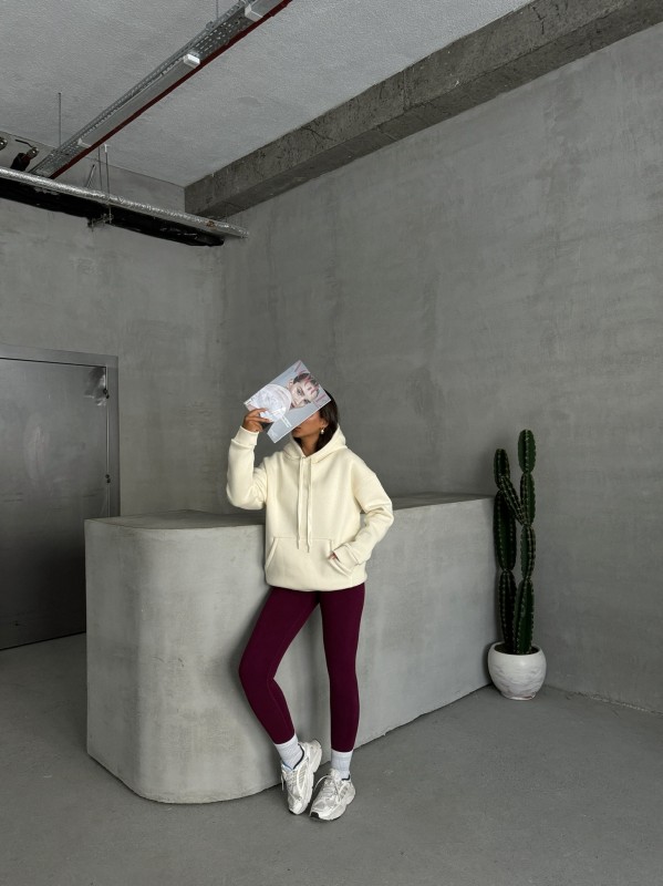 SWT-14266 Ekru Pure White Yazı Baskılı Kapüşonlu Üç İplik Şardonlu Sweatshirt - 7