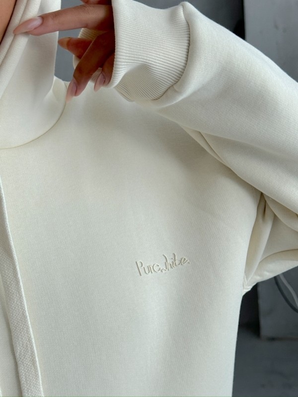 SWT-14266 Ekru Pure White Yazı Baskılı Kapüşonlu Üç İplik Şardonlu Sweatshirt - 3