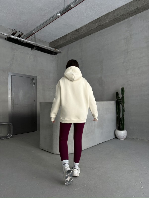 SWT-14266 Ekru Pure White Yazı Baskılı Kapüşonlu Üç İplik Şardonlu Sweatshirt - 8