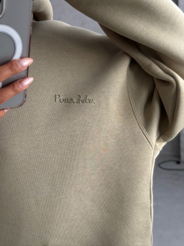 SWT-14266 Haki Pure White Yazı Baskılı Kapüşonlu Üç İplik Şardonlu Sweatshirt - 3